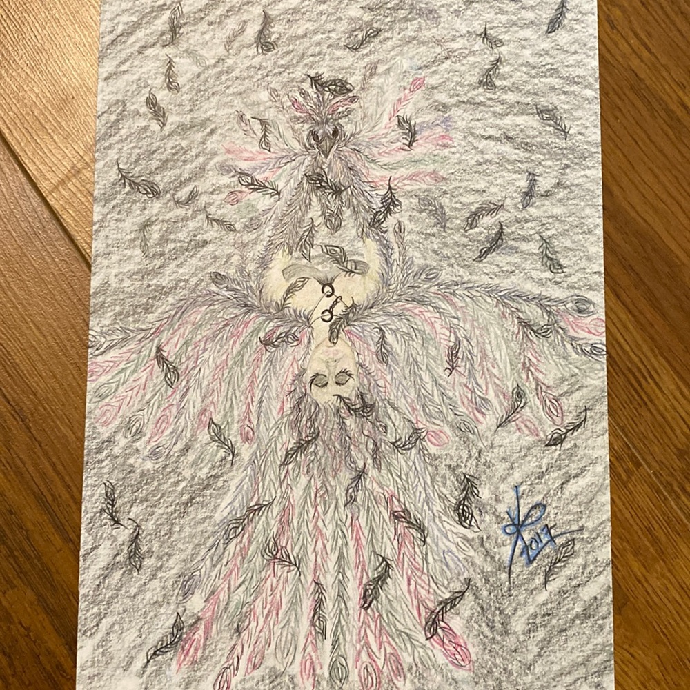 Unframed Original Art Pencil Crayon Illustration Angel w Spirit Animal Drawing